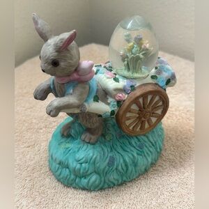Vintage Rabbit Pulling Cart With Flowers In Water Egg Globe Music Box.